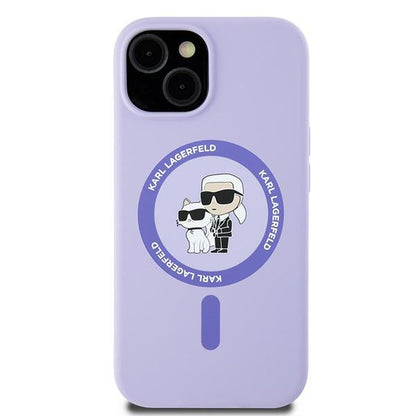 Capa MagSafe para Apple iPhone 15, Karl Lagerfeld, Anel de Silicone Karl & Choupette, Roxo