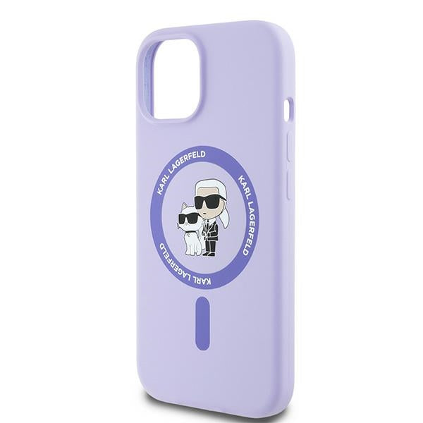 Capa MagSafe para Apple iPhone 15, Karl Lagerfeld, Anel de Silicone Karl & Choupette, Roxo