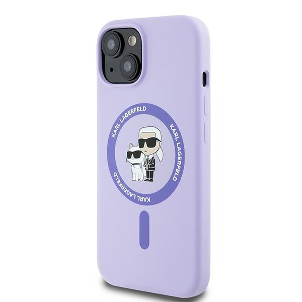 Capa MagSafe para Apple iPhone 15, Karl Lagerfeld, Anel de Silicone Karl & Choupette, Roxo
