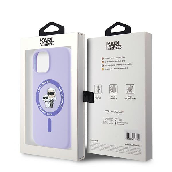 Capa MagSafe para Apple iPhone 15, Karl Lagerfeld, Anel de Silicone Karl & Choupette, Roxo