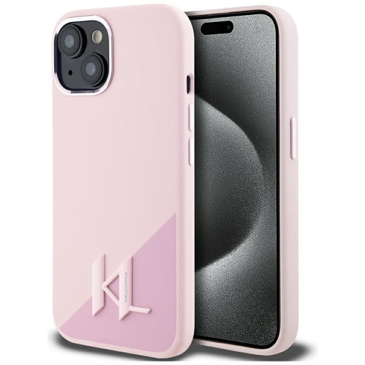 Capa MagSafe para Apple iPhone 15, Karl Lagerfeld, Silicone Shadow Metal Initial, Rosa