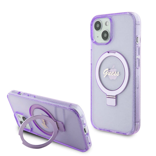Capa MagSafe para Apple iPhone 15 Plus, Guess, Ring Stand Script Glitter, Roxo