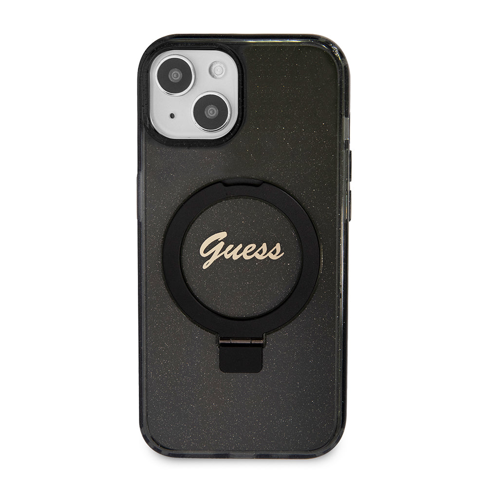 Capa MagSafe para Apple iPhone 15 Plus, Guess, Ring Stand Script Glitter, Preta