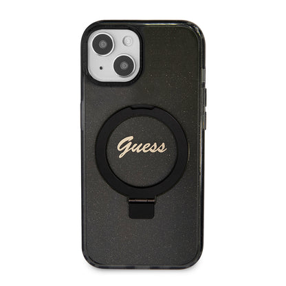 Capa MagSafe para Apple iPhone 15 Plus, Guess, Ring Stand Script Glitter, Preta