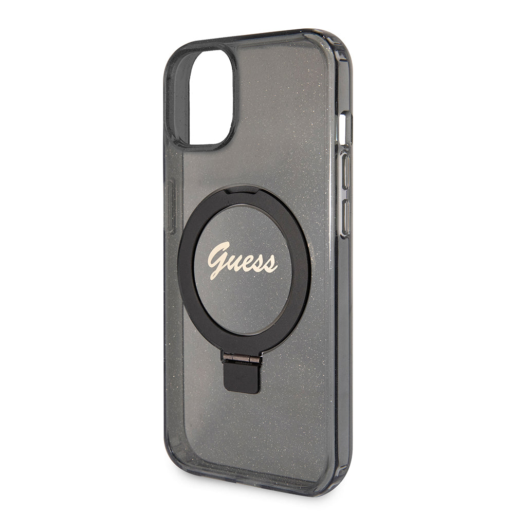 Capa MagSafe para Apple iPhone 15 Plus, Guess, Ring Stand Script Glitter, Preta