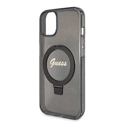 Capa MagSafe para Apple iPhone 15 Plus, Guess, Ring Stand Script Glitter, Preta