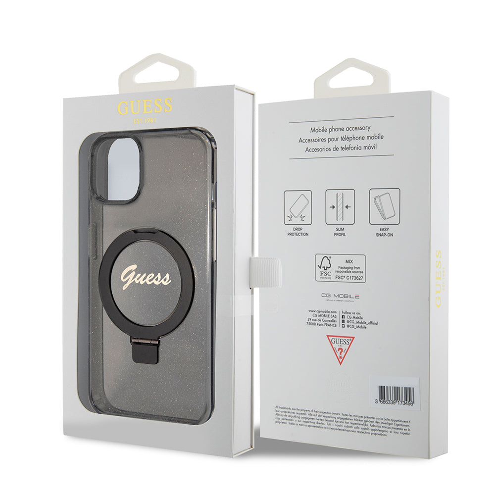 Capa MagSafe para Apple iPhone 15 Plus, Guess, Ring Stand Script Glitter, Preta