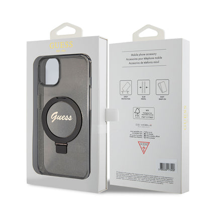 Capa MagSafe para Apple iPhone 15 Plus, Guess, Ring Stand Script Glitter, Preta