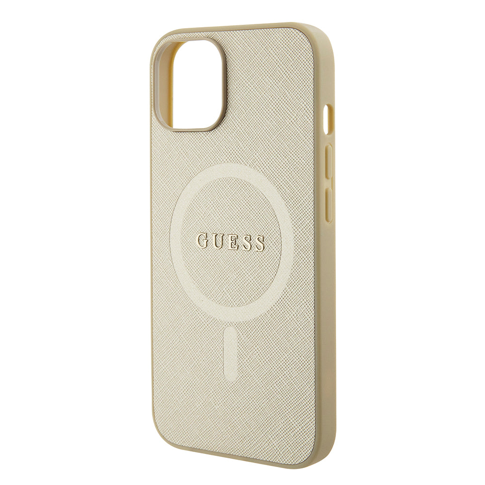 Capa MagSafe para Apple iPhone 15 Plus, Guess, Saffiano, Dourada