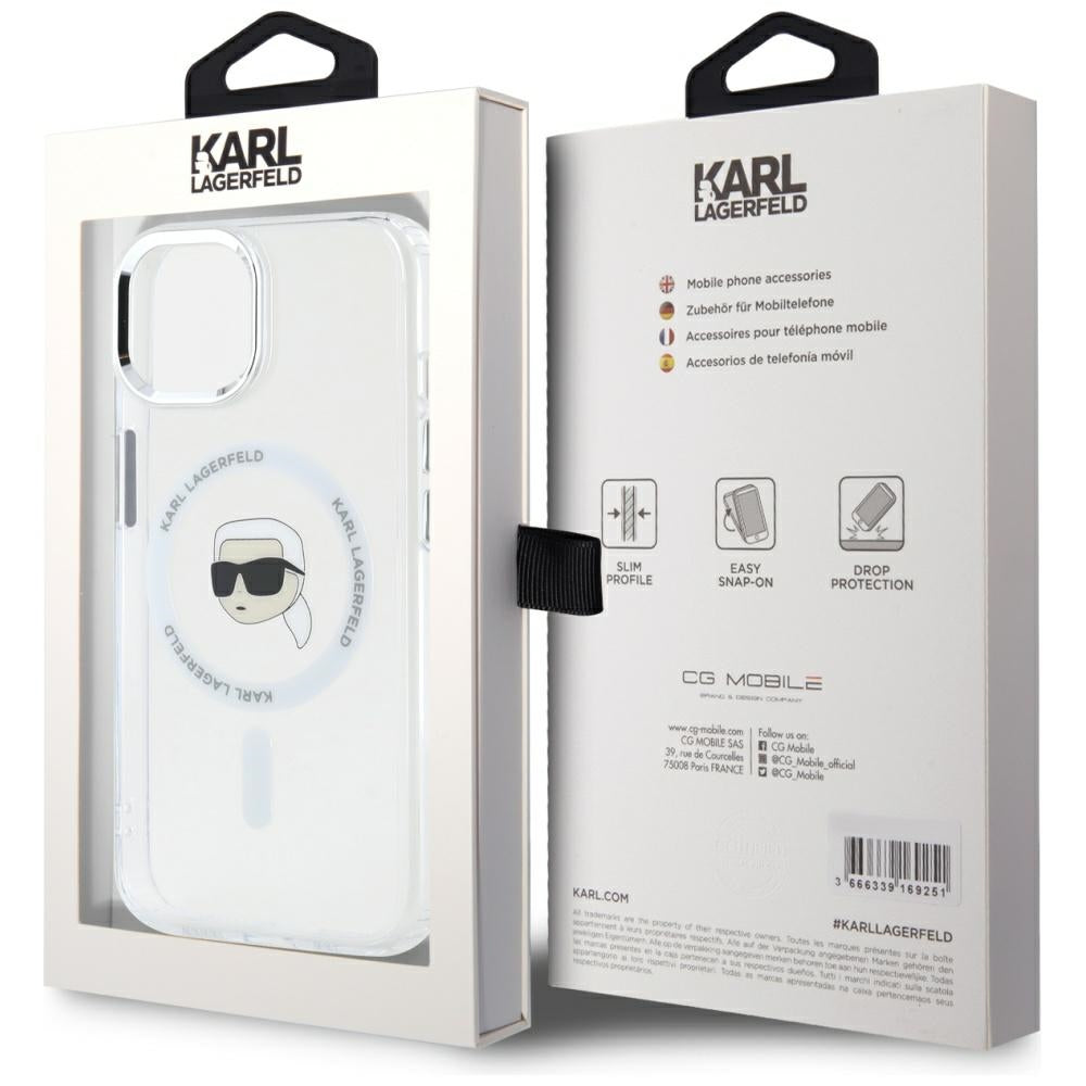 Capa MagSafe para Apple iPhone 15 Plus, Karl Lagerfeld, IML Metal Karl's Head, Branca.
