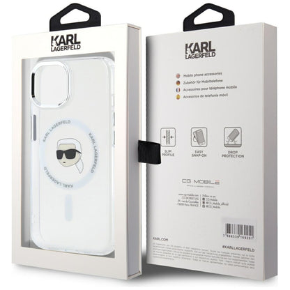 Capa MagSafe para Apple iPhone 15 Plus, Karl Lagerfeld, IML Metal Karl's Head, Branca.