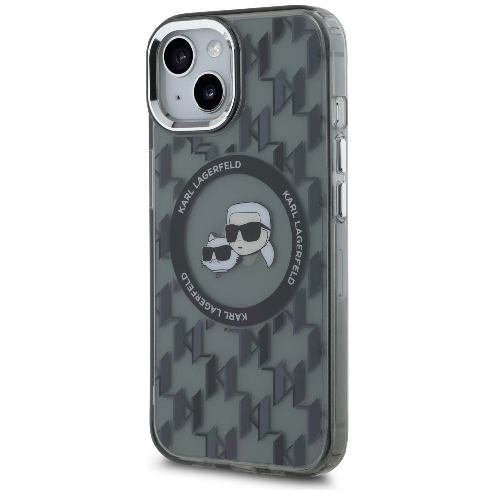 Capa MagSafe para Apple iPhone 15 Plus, Karl Lagerfeld, IML Monograma Karl & Choupette's Heads, Preta.