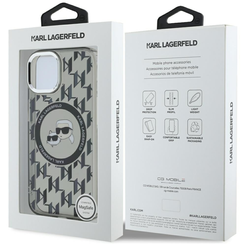Capa MagSafe para Apple iPhone 15 Plus, Karl Lagerfeld, IML Monograma Karl & Choupette's Heads, Preta.