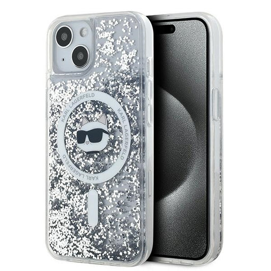 Capa MagSafe para Apple iPhone 15 Plus, Karl Lagerfeld, Liquid Glitter Choupette's Head, Transparente