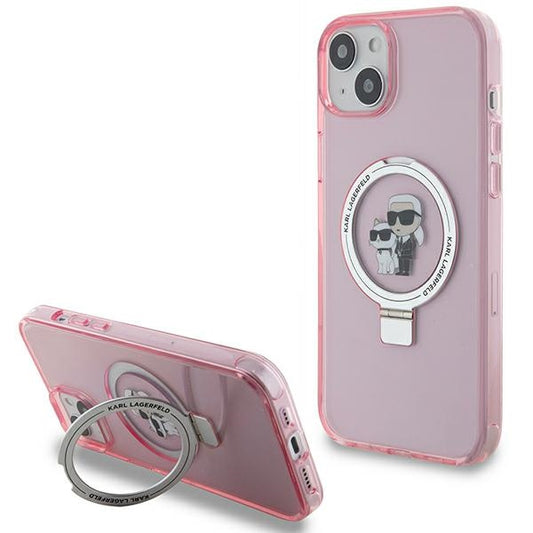 Capa MagSafe para Apple iPhone 15 Plus, Karl Lagerfeld, Ring Stand Karl & Choupette, Rosa
