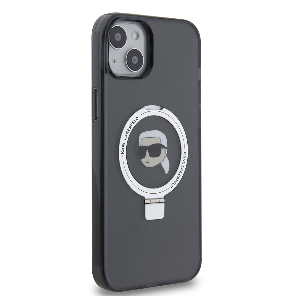Capa MagSafe para Apple iPhone 15 Plus, Karl Lagerfeld, Ring Stand Karl's Head, Preta