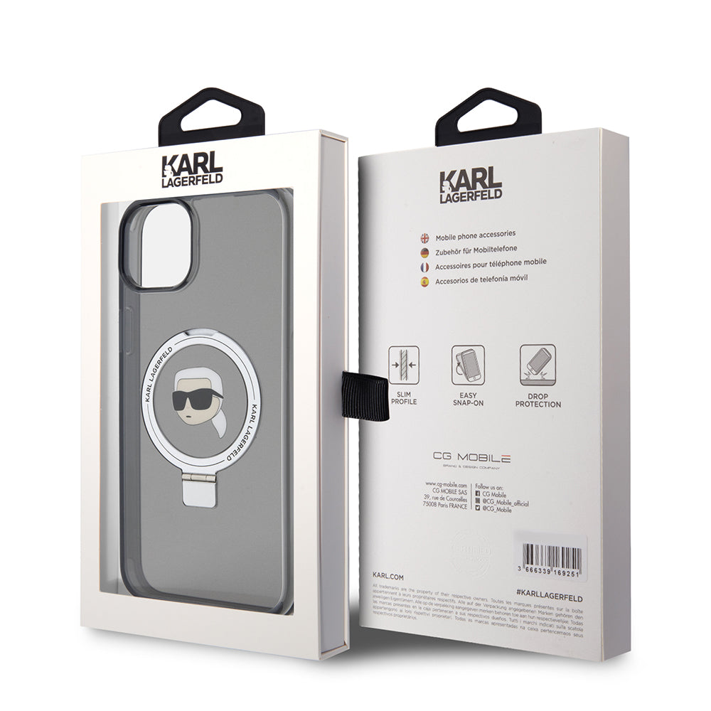 Capa MagSafe para Apple iPhone 15 Plus, Karl Lagerfeld, Ring Stand Karl's Head, Preta