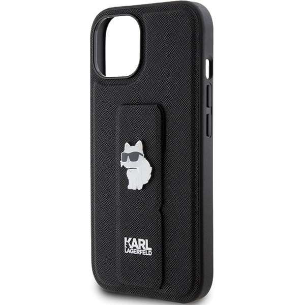 Capa MagSafe para Apple iPhone 15 Plus, Karl Lagerfeld, Saffiano Gripstand Choupette, Preta