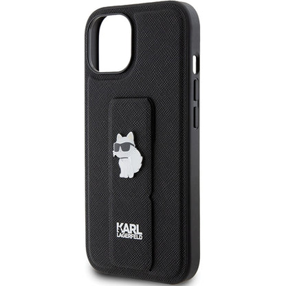 Capa MagSafe para Apple iPhone 15 Plus, Karl Lagerfeld, Saffiano Gripstand Choupette, Preta