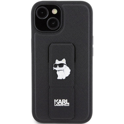Capa MagSafe para Apple iPhone 15 Plus, Karl Lagerfeld, Saffiano Gripstand Choupette, Preta