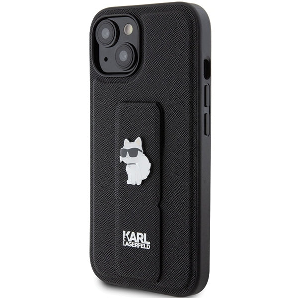 Capa MagSafe para Apple iPhone 15 Plus, Karl Lagerfeld, Saffiano Gripstand Choupette, Preta
