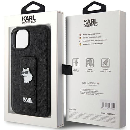 Capa MagSafe para Apple iPhone 15 Plus, Karl Lagerfeld, Saffiano Gripstand Choupette, Preta
