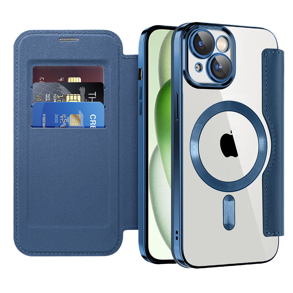 MagSafe Case for Apple iPhone 15 Plus, Techsuit, SmartMag Book, Blue