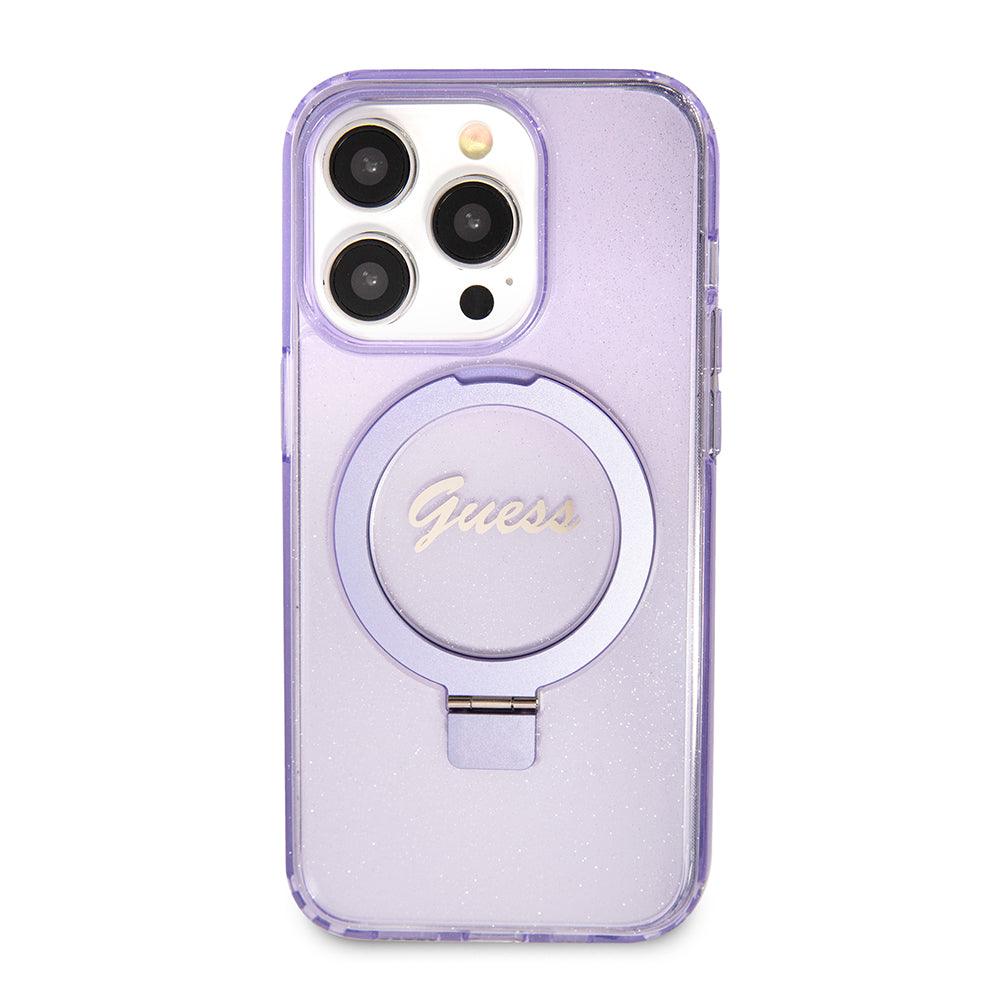 Capa MagSafe para Apple iPhone 15 Pro, Guess, IML Ring Stand Glitter, Roxo