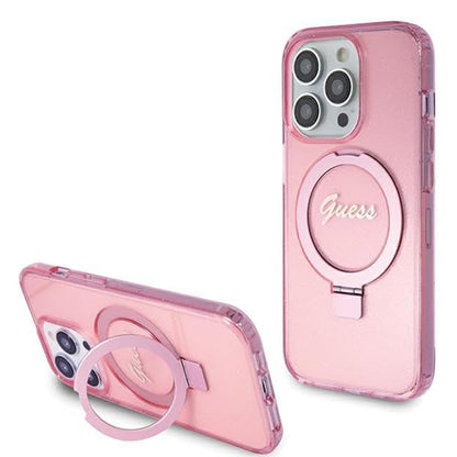 Capa MagSafe para Apple iPhone 15 Pro, Guess, IML Ring Stand Glitter, Rosa
