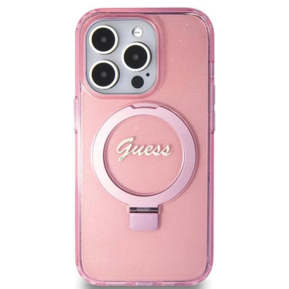 Capa MagSafe para Apple iPhone 15 Pro, Guess, IML Ring Stand Glitter, Rosa
