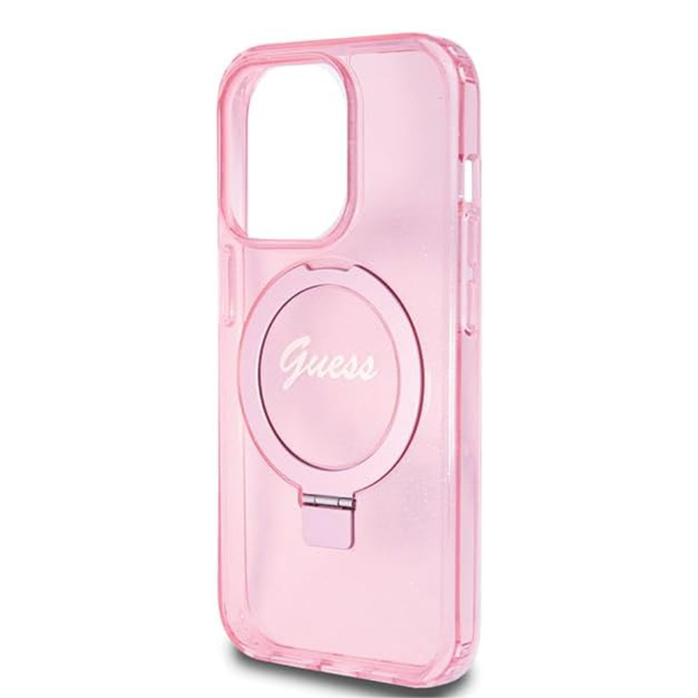 Capa MagSafe para Apple iPhone 15 Pro, Guess, IML Ring Stand Glitter, Rosa