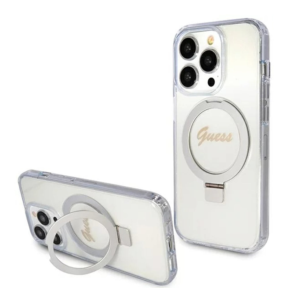 Capa MagSafe para Apple iPhone 15 Pro, Guess, IML Ring Stand Glitter, Transparente