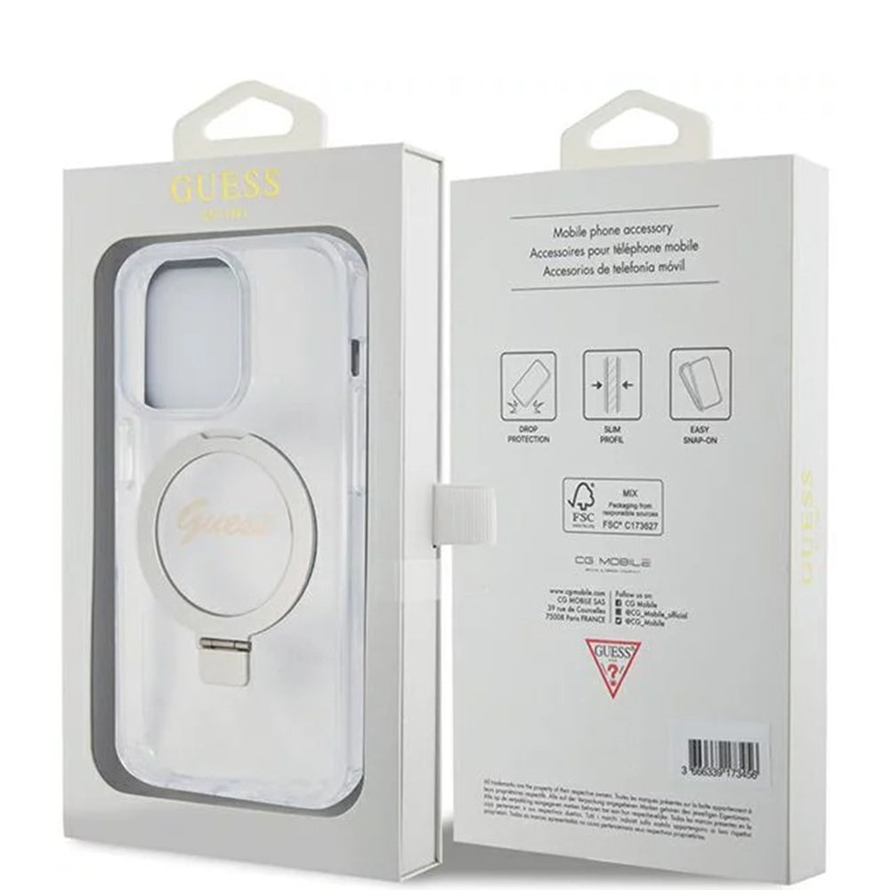 Capa MagSafe para Apple iPhone 15 Pro, Guess, IML Ring Stand Glitter, Transparente