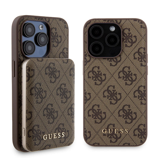 Capa MagSafe para Apple iPhone 15 Pro, Guess, Powerbank 4G Metal Logo, Castanho