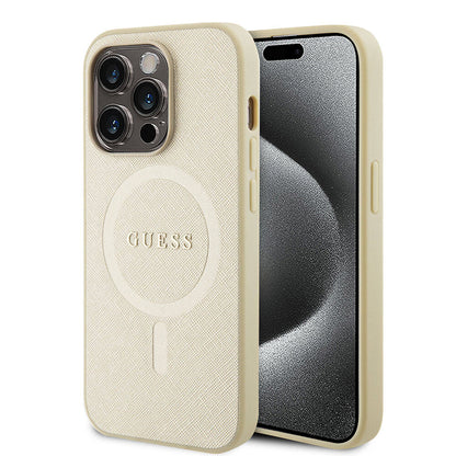 Capa MagSafe para Apple iPhone 15 Pro, Guess, Saffiano, Bege