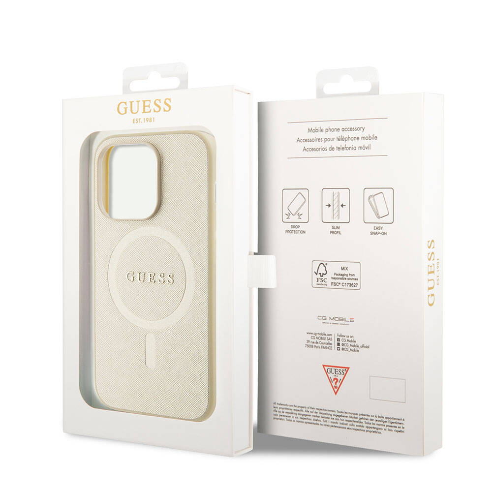 Capa MagSafe para Apple iPhone 15 Pro, Guess, Saffiano, Bege