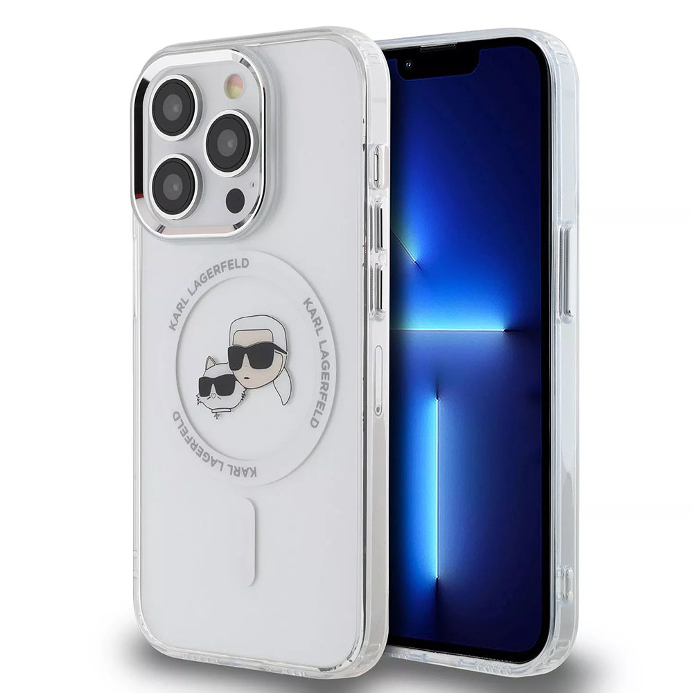 Capa MagSafe para Apple iPhone 15 Pro, Karl Lagerfeld, IML Metal Karl & Choupette's Heads, Branca