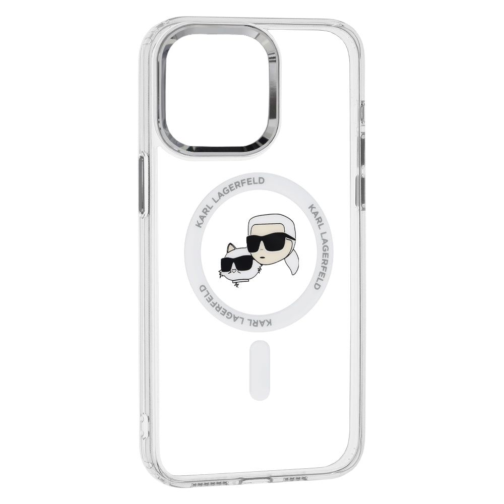 Capa MagSafe para Apple iPhone 15 Pro, Karl Lagerfeld, IML Metal Karl & Choupette's Heads, Branca