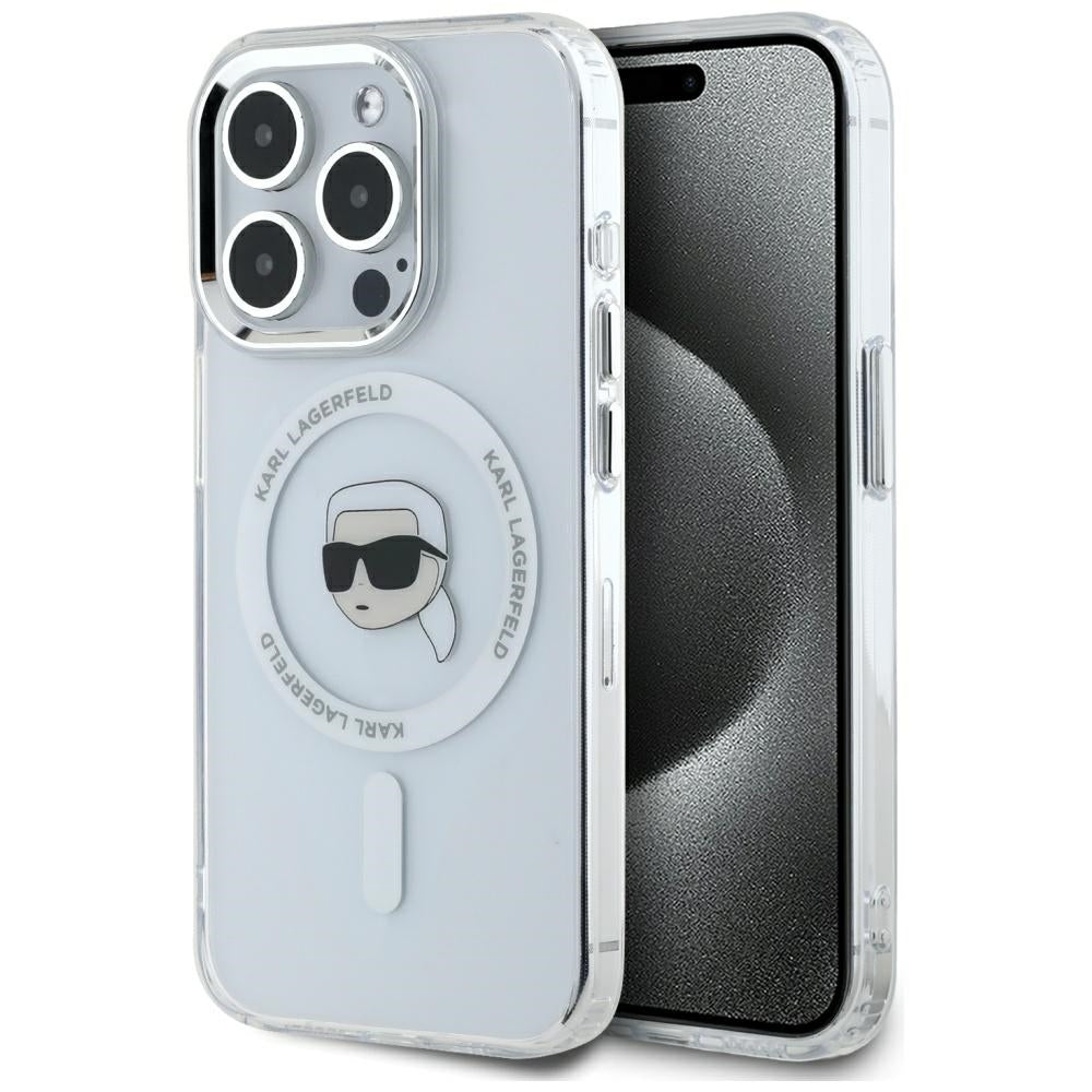 MagSafe Case for Apple iPhone 15 Pro, Karl Lagerfeld, IML Metal Karl's Head, White