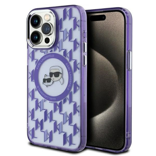 MagSafe Case for Apple iPhone 15 Pro, Karl Lagerfeld, IML Monogram Karl & Choupette's Heads, Purple