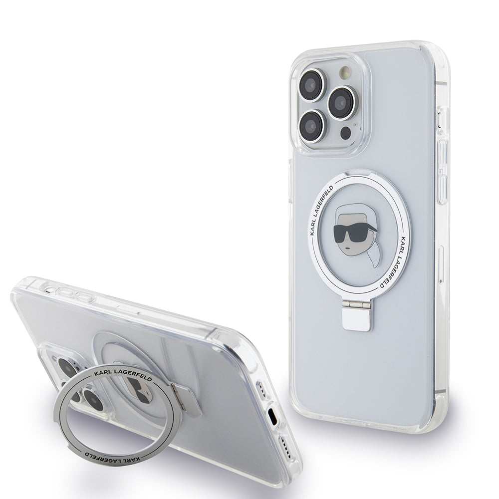 Capa MagSafe para Apple iPhone 15 Pro, Karl Lagerfeld, Ring Stand Karl's Head, Branca