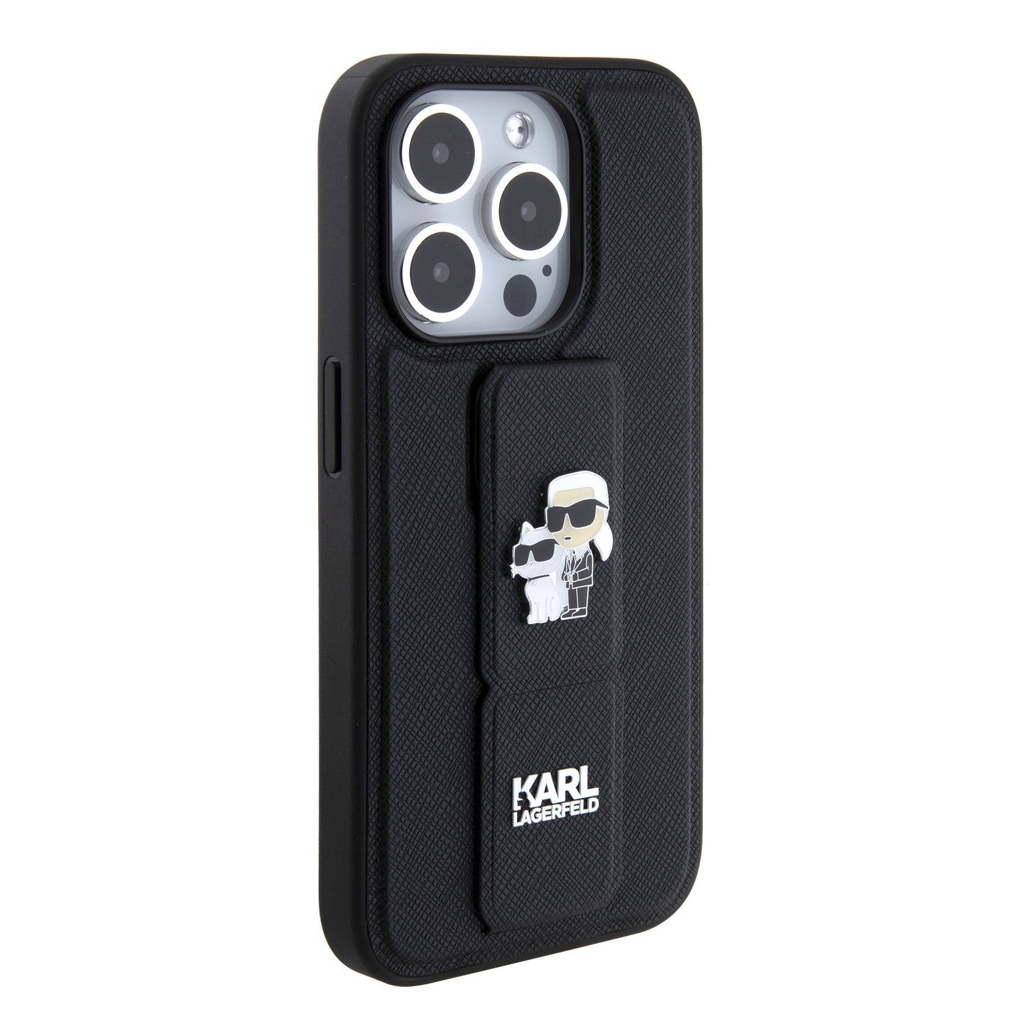 Capa MagSafe para Apple iPhone 15 Pro, Karl Lagerfeld, Saffiano Gripstand Karl & Choupette, Preta
