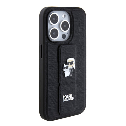 Capa MagSafe para Apple iPhone 15 Pro, Karl Lagerfeld, Saffiano Gripstand Karl & Choupette, Preta