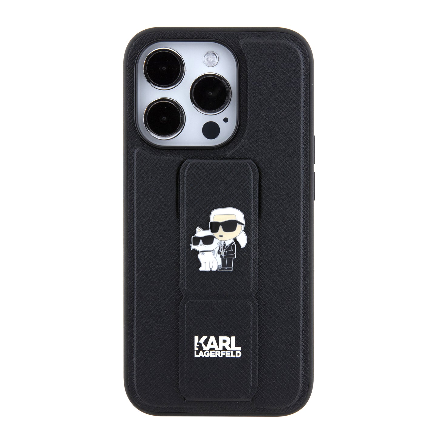 Capa MagSafe para Apple iPhone 15 Pro, Karl Lagerfeld, Saffiano Gripstand Karl & Choupette, Preta