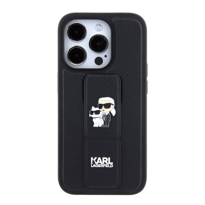 Capa MagSafe para Apple iPhone 15 Pro, Karl Lagerfeld, Saffiano Gripstand Karl & Choupette, Preta