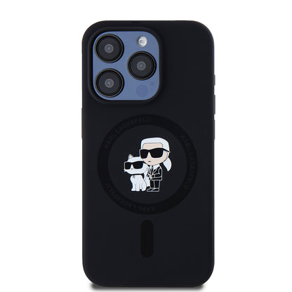 Capa MagSafe para Apple iPhone 15 Pro, Karl Lagerfeld, Silicone Karl & Choupette, Preta