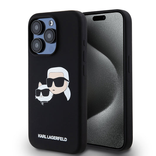 Capa MagSafe para Apple iPhone 15 Pro, Karl Lagerfeld, Silicone Karl & Choupette's Heads, Preta
