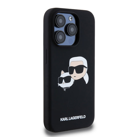 Capa MagSafe para Apple iPhone 15 Pro, Karl Lagerfeld, Silicone Karl & Choupette's Heads, Preta
