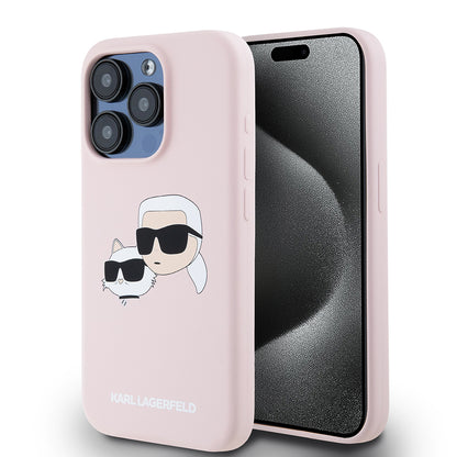Capa MagSafe para Apple iPhone 15 Pro, Karl Lagerfeld, Silicone Karl & Choupette's Heads, Rosa