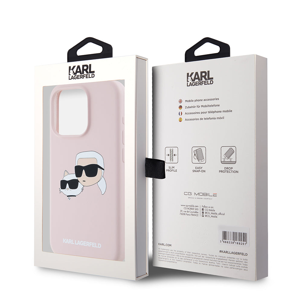 Capa MagSafe para Apple iPhone 15 Pro, Karl Lagerfeld, Silicone Karl & Choupette's Heads, Rosa